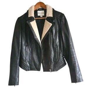 Reiss Buffalo Leather Jacket Women's Small Black Sheepskin Trim Full Zip